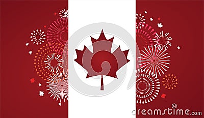 Maple leaf with firework poster for celebrate the national day of Canada. Happy Canada Day card. Canada flag, fireworks Vector Illustration