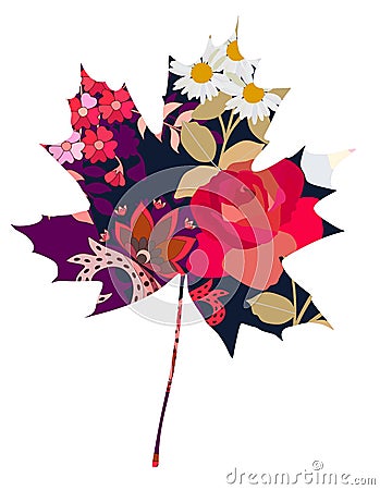 Maple leaf in the style of the patchwork. Symbol of Canada. Greeting or invitation card Vector Illustration