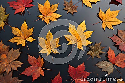 Maple leaves fall on surface of water in forest during autumn and signal change of seasons. Beautiful leaf and pattern background Stock Photo