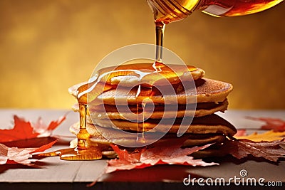 maple syrup drizzling over a stack of pancakes Stock Photo