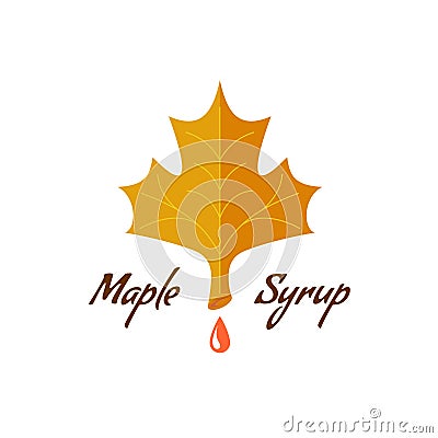 Maple syrup sign. Logo with leaf, drop and text. Vector Illustration