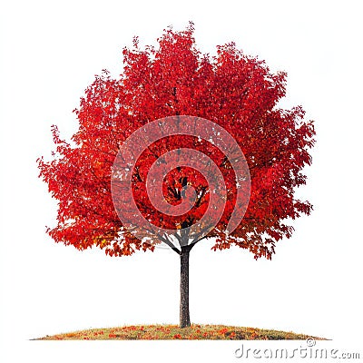 Maple tree isolated on white created with Generative AI. Single deciduous tree red leaves. Stock Photo