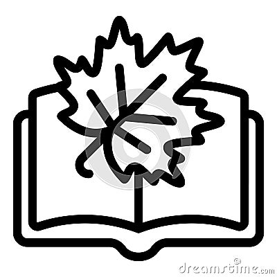 Maple tree leaf at book line icon, autumn reading concept. Vector graphics. Opened textbook and dry leaf shape sign on Vector Illustration