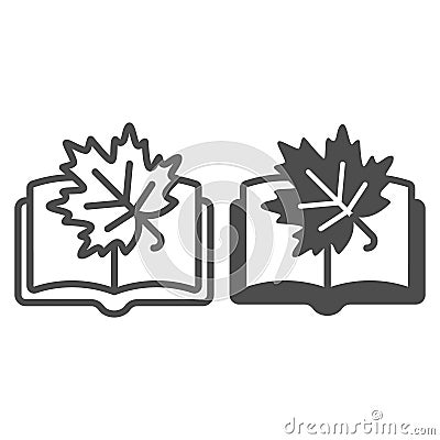 Maple tree leaf at book line and solid icon, autumn reading concept. Vector graphics. Opened textbook and dry leaf shape Vector Illustration