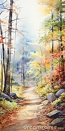 Maplewood Path: A Serene Watercolor Painting Of Autumn Trees Stock Photo