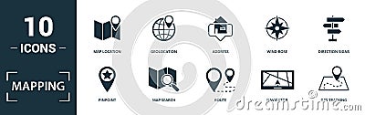 Mapping icon set. Monochrome sign collection with pinpoint, map search, route, navigator and over icons. Mapping elements set Stock Photo