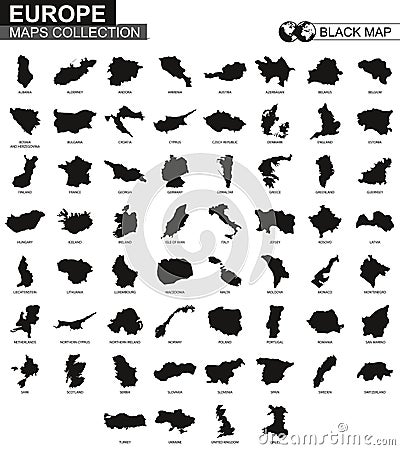 Maps collection countries of Europe, black contour maps of Europe Vector Illustration