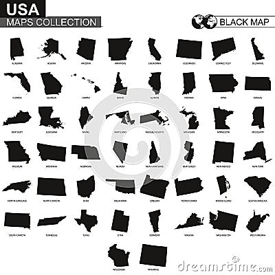 Maps collection of USA states, black contour maps of US state Vector Illustration