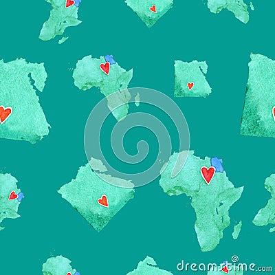 Maps of Egypt and Africa in seamless pattern on an emerald background Cartoon Illustration