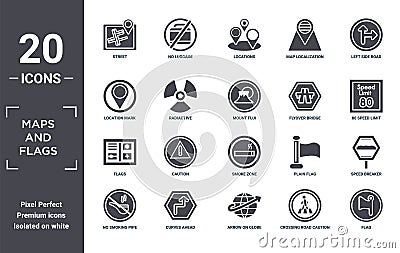 maps.and.flags icon set. include creative elements as street, left side road, flyover bridge, smoke zone, curves ahead, flags Vector Illustration