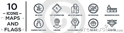maps.and.flags linear icon set. includes thin line no skiing, location mark on printed map, inmigration check point, locator, mine Vector Illustration