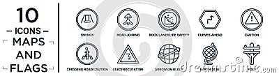 maps.and.flags linear icon set. includes thin line swings, rock landslide safety, caution, electrocutation danger, earth gobe, Vector Illustration