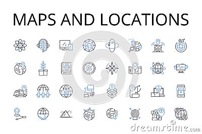 Maps and locations line icons collection. Cartography, Geolocation, Topography, Atlas, Navigation, Terrain, Geocaching Vector Illustration