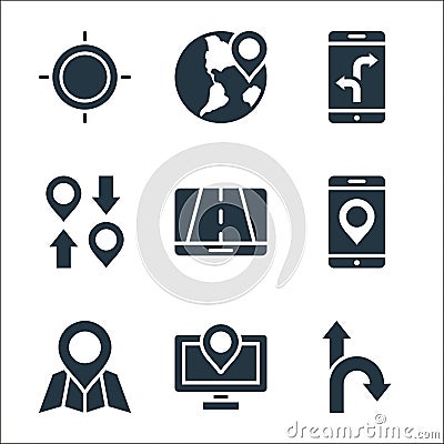 maps and navigation line icons. linear set. quality vector line set such as road, location, location, smartphone, gps navigator, Vector Illustration