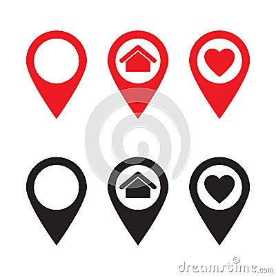 Maps pin. Location map icon. House and heart location. Red and black icons. Vector Illustration