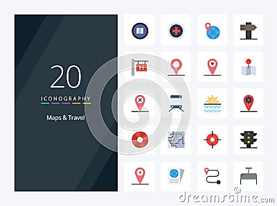 20 Maps Travel Flat Color icon for presentation Vector Illustration