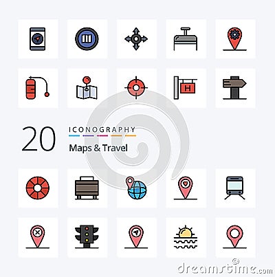 20 Maps Travel Line Filled Color icon Pack like light cross world map train Vector Illustration