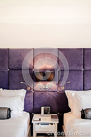 Vintage luxury interior hotel room, bed and well design lamp Editorial Stock Photo