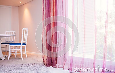 Vintage luxury interior white wood chairs with carpet and pink curtain Editorial Stock Photo