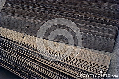 Palm leaf Borassus flabellifer manuscripts. Open book showing writings script. Overhead view. Mumbai Stock Photo