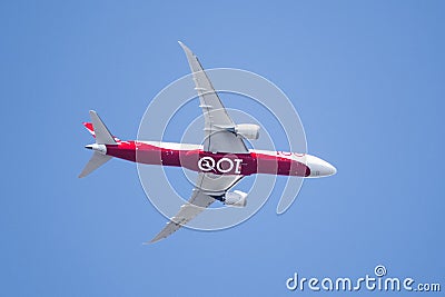 Mar 19, 2020 Palo Alto / CA / USA - View from below of Qantas Airways 100 years anniversary livery Dreamliner aircraft starting Editorial Stock Photo