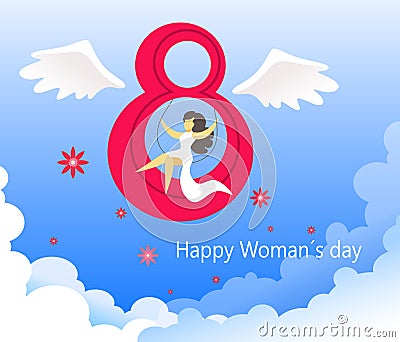 Card for 8 March womens day. A unique and festive background with a winged figure eight and a girl in a white dress on a swing amo Vector Illustration