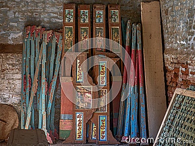 Wooden Decorative Door painted with Goddess on ceremonial Procession of Brahma`s Temple Editorial Stock Photo