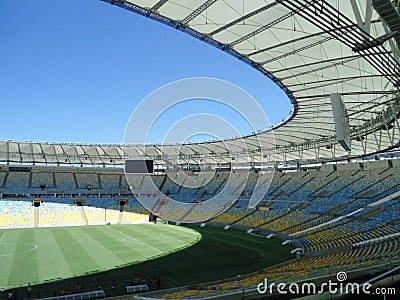 Maracana Stadium located in Rio de Janeiro Brazil. Empty soccer field. Stock Photo