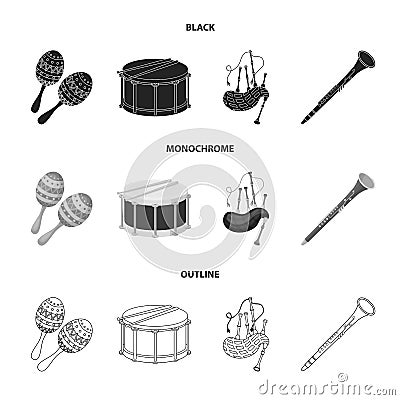 Maracas, drum, Scottish bagpipes, clarinet. Musical instruments set collection icons in black,monochrome,outline style Vector Illustration