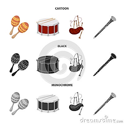 Maracas, drum, Scottish bagpipes, clarinet. Musical instruments set collection icons in cartoon,black,monochrome style Vector Illustration