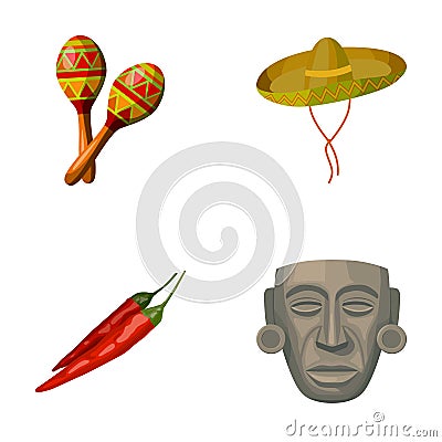 Maracas national musical instrument, sambrero traditional Mexican headdress, red pepper, bitter, idol-deity.Mexico Vector Illustration