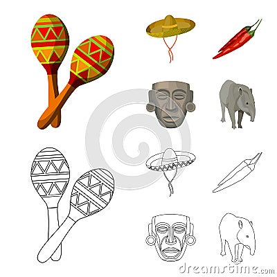 Maracas national musical instrument, sambrero traditional Mexican headdress, red pepper, bitter, idol-deity.Mexico Vector Illustration