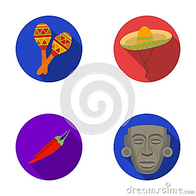 Maracas national musical instrument, sambrero traditional Mexican headdress, red pepper, bitter, idol-deity.Mexico Vector Illustration