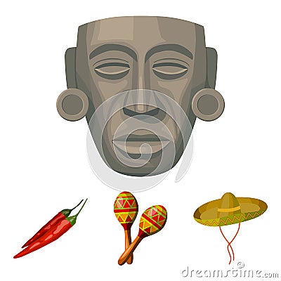 Maracas national musical instrument, sambrero traditional Mexican headdress, red pepper, bitter, idol-deity.Mexico Vector Illustration