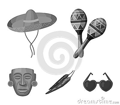 Maracas national musical instrument, sambrero traditional Mexican headdress, red pepper, bitter, idol-deity.Mexico Vector Illustration