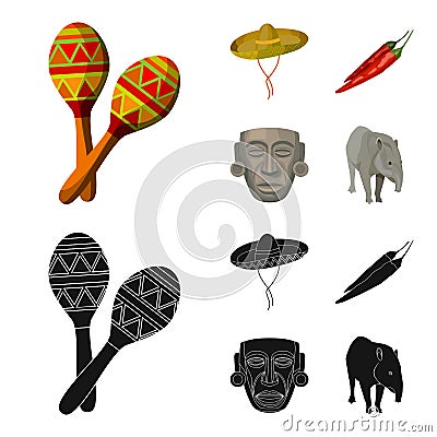 Maracas national musical instrument, sambrero traditional Mexican headdress, red pepper, bitter, idol-deity.Mexico Vector Illustration