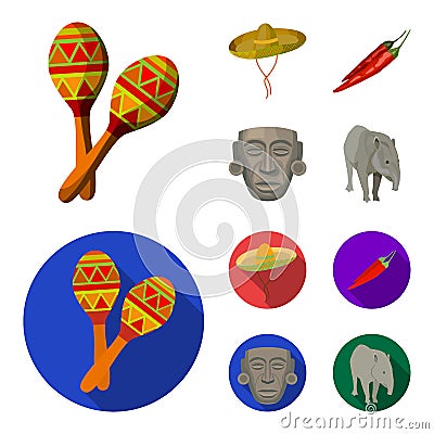 Maracas national musical instrument, sambrero traditional Mexican headdress, red pepper, bitter, idol-deity.Mexico Vector Illustration