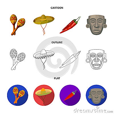 Maracas national musical instrument, sambrero traditional Mexican headdress, red pepper, bitter, idol-deity.Mexico Vector Illustration