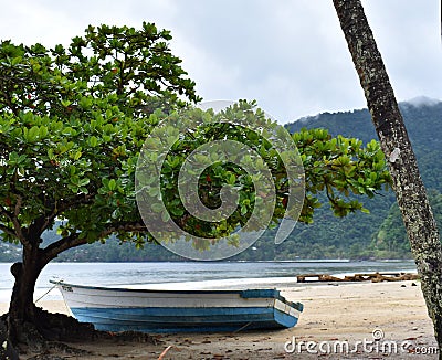 Fishing Pirogue on the Seashore of the Maracas Bay, Trinidad. Editorial Stock Photo