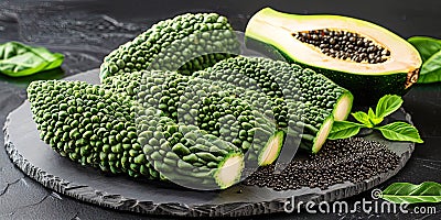 Marakuya, with sweet and sour seeds and fragrant pulp, against the background of bright sunligh Stock Photo