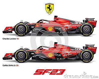 Ferrari SF-23 formula 1, C. Sainz and C. Leclerc, 2023 F1 championship Vector Illustration