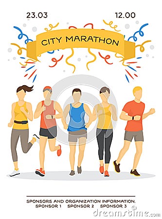 Maraphon running people vector illustration. Sport running group concept. People athlete maraphon runner race, various Vector Illustration