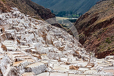 Maras salt mines peruvian Andes Cuzco Peru Stock Photo