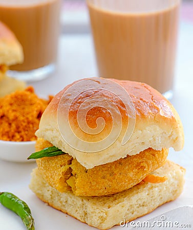 Marathi Breakfast- Vada Pav and chai Stock Photo