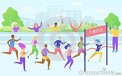 Marathon finish race, running competition, athlete sprinter sportsmen people run line vector illustration. Vector Illustration