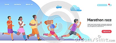 Marathon race landing page. Jogging people website. Running man and woman training to marathon Vector Illustration