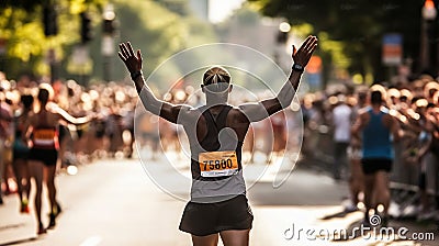 Marathon runner crossing the finish line. Generative AI Stock Photo