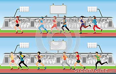 Marathon runner men and women on running race track with crowd i Vector Illustration