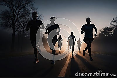 Marathon runner running on city road at sunset. Group of people running on road at night. Stock Photo