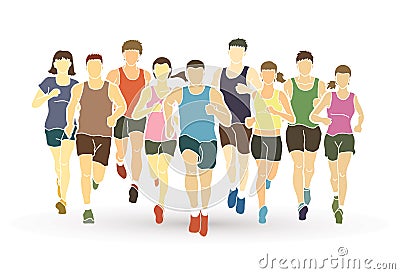 Marathon runners, Group of people running, Men and women running Vector Illustration